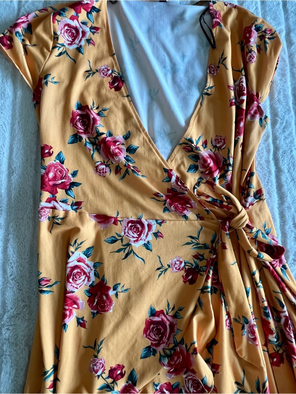 H&M Mustard Yellow Floral Cottagecore Boho Chic Wrap Ruffle Dress Sz 10 - Picture 15 of 15